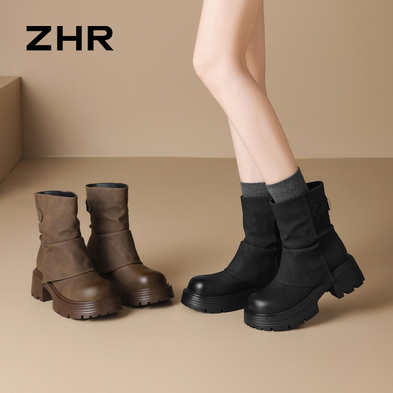 12754842.【ZHR则则】短靴圆头套脚厚底女鞋[PU]