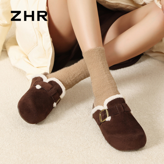 13796800.【ZHR则则】勃肯拖鞋圆头套脚平底女鞋[牛剖层绒面革+仿羊羔毛]