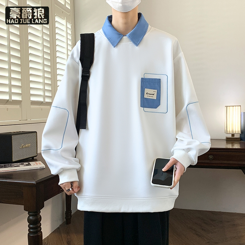 12756325.春秋新款假两件卫衣男长袖T恤男宽松青少年高级感日常百搭男士上衣