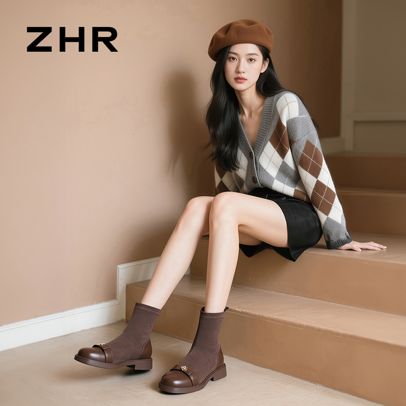 12757191.【ZHR则则】弹力靴圆头套脚平底女鞋[羊京绒+PU]