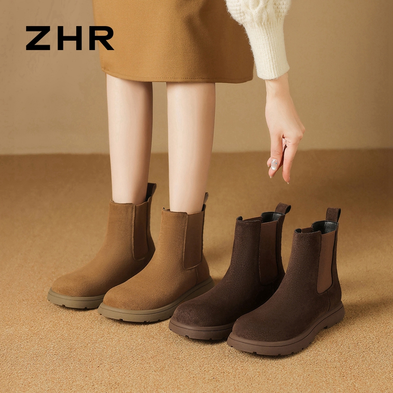 12756928.【ZHR则则】切尔西靴圆头套脚平底女鞋[羊京绒+松紧带]