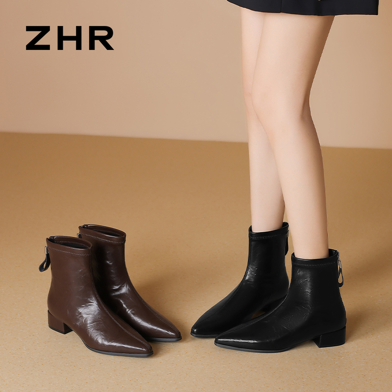 12756919.【ZHR则则】短靴尖头后拉链粗跟女鞋[PU]