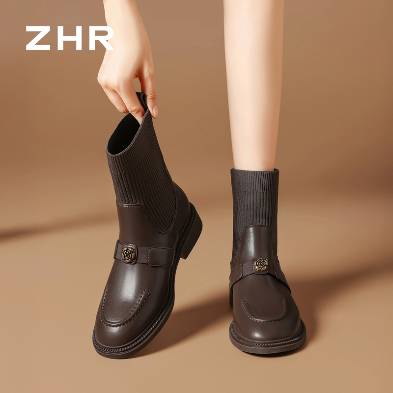 13796798.【ZHR则则】弹力袜靴圆头套脚厚底女鞋[PU+飞织布]