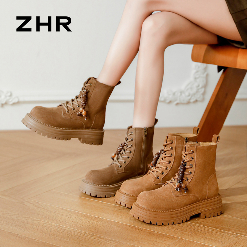12756932.【ZHR则则】工装靴圆头侧拉链厚底女鞋[牛纤绒]