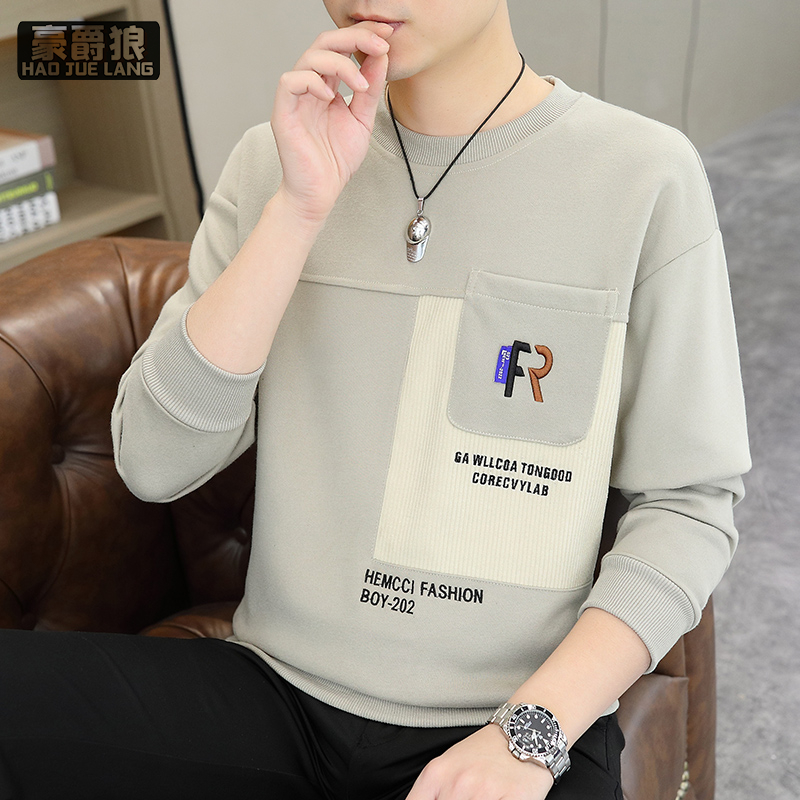 12756357.春秋新款男士卫衣潮牌圆领长袖T恤潮流小众设计感简约休闲百搭上衣