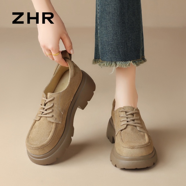 12756935.【ZHR则则】英伦单鞋圆头系带厚底女鞋[羊京绒]