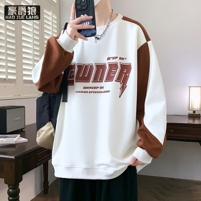 12756384.春秋新款男孩港风时尚拼色卫衣宽松圆领打底衫青少年简约舒适T恤衫