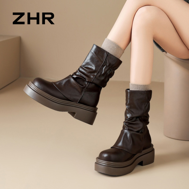 12756931.【ZHR则则】短靴圆头套脚厚底女鞋[PU]