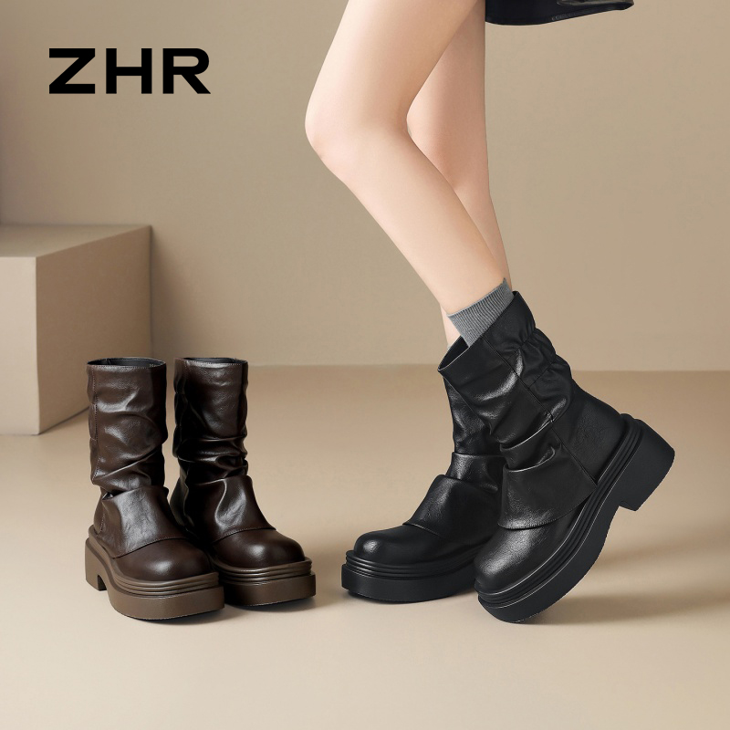 12756931.【ZHR则则】短靴圆头套脚厚底女鞋[PU]