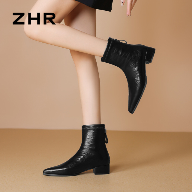 12756919.【ZHR则则】短靴尖头后拉链粗跟女鞋[PU]