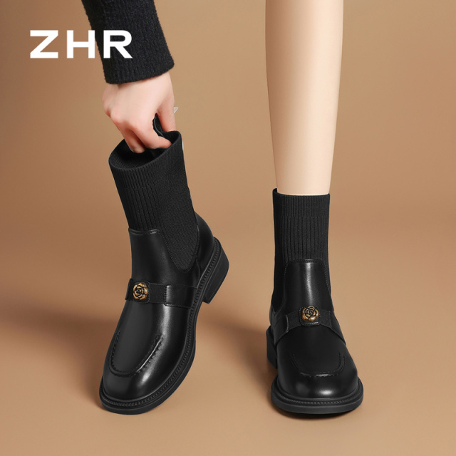 13796798.【ZHR则则】弹力袜靴圆头套脚厚底女鞋[PU+飞织布]