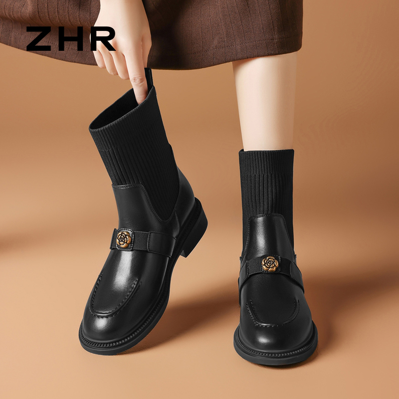 12756944.【ZHR则则】弹力靴圆头套脚厚底女鞋[PU+飞织布]