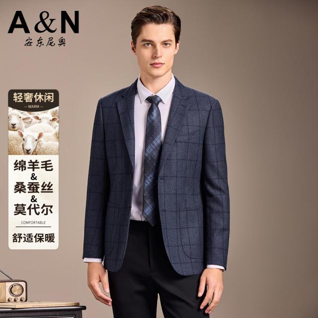 12763109.【精纺桑蚕丝&羊毛】秋冬休闲毛呢西服男色织格纹轻奢单西装外套