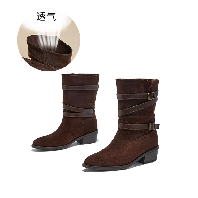 12764040.墨斯本复古皮带扣短靴女新款粗跟美拉德马丁靴休闲百搭瘦瘦女靴女款12293