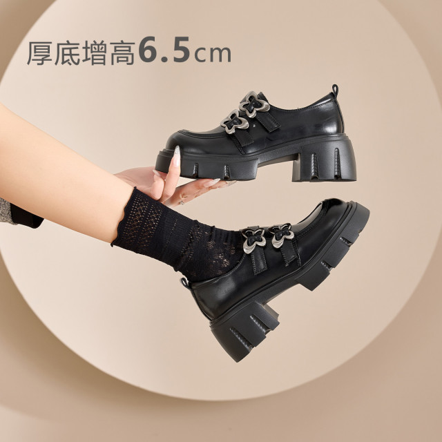 12764313.黑色圆头厚底小皮鞋女百搭英伦风乐福鞋