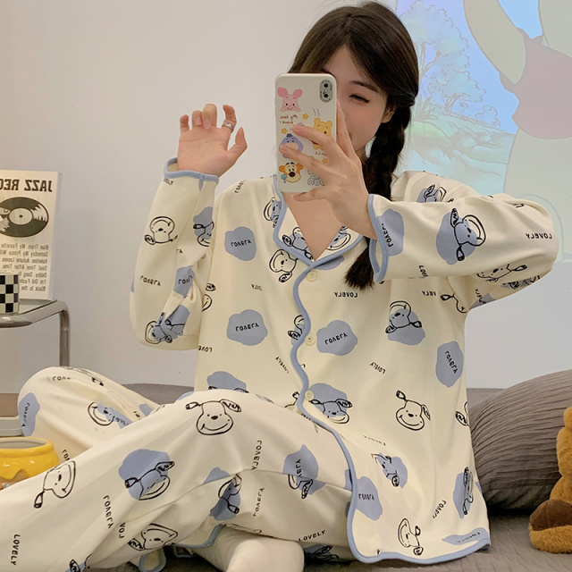 13649210.品彩【元气减龄】时髦感ins风家居服女开衫翻领长袖长裤套装56003