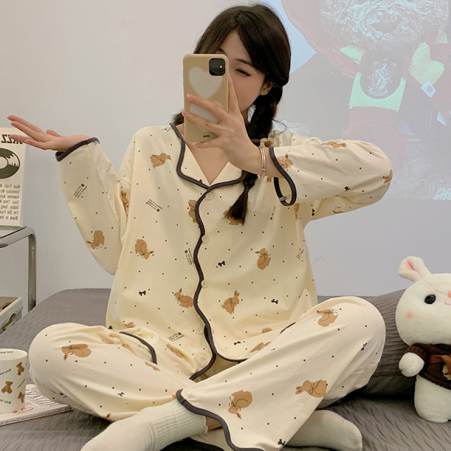 13649213.品彩【元气减龄】时髦感ins风家居服女开衫翻领长袖长裤套装56001