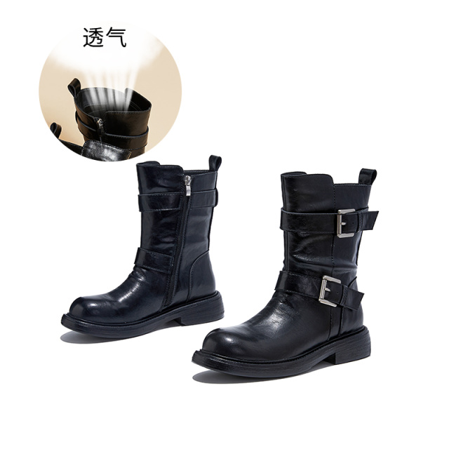 12764037.墨斯本真皮复古马丁靴女新款英伦风一字扣带瘦瘦靴百搭洋气短靴女款12295
