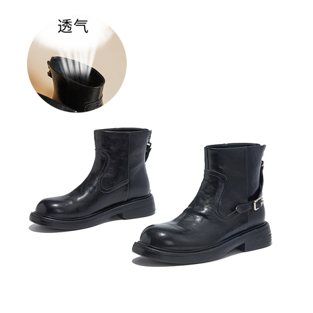12764038.墨斯本真皮复古切尔西靴女新款厚底马丁靴女百搭靴子瘦瘦短靴女款12292