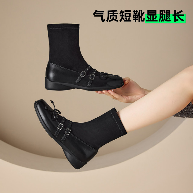 12772361.玛丽珍短靴春秋季时尚袜靴拼接方头蝴蝶结女靴