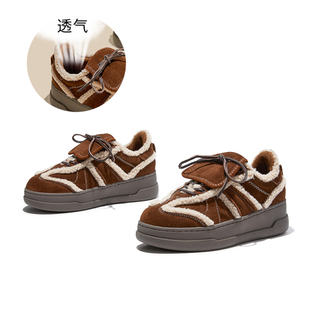 12773535.墨斯本真皮加绒德训鞋女新款平底保暖阿甘鞋休闲小白鞋翻盖女鞋潮流女款12370