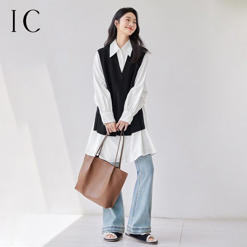 12791870.简约黑白拼接衬衫连衣裙女2025新款气质通勤休闲长袖宽松裙子