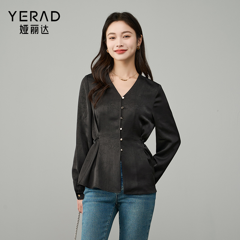 12786939.【娅丽达】缎面垂坠感光泽压皱v领收腰气质衬衫女显瘦衬衣