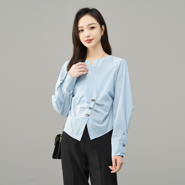 12786961.【娅丽达】设计感开叉蓝色长袖衬衫女捏褶收腰小衫