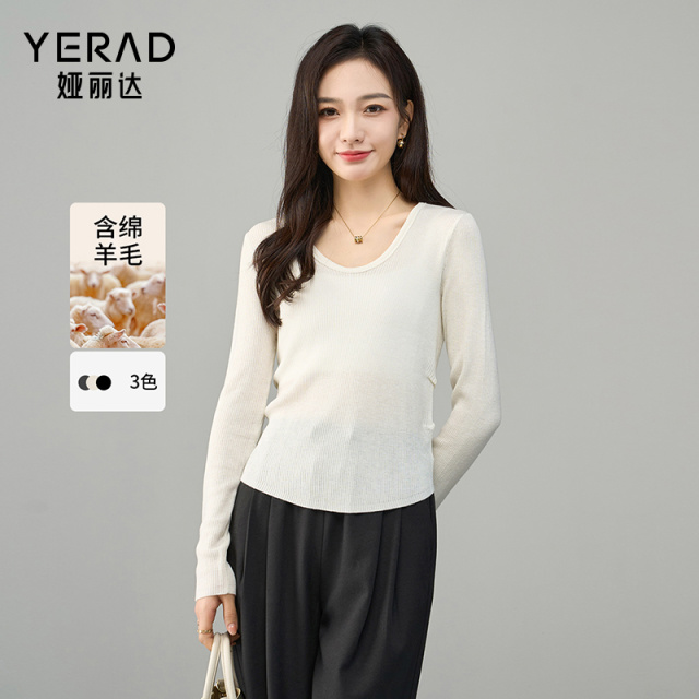 12786978.【娅丽达】复古v领修身羊毛针织衫女上衣显瘦纯色内搭打底衫