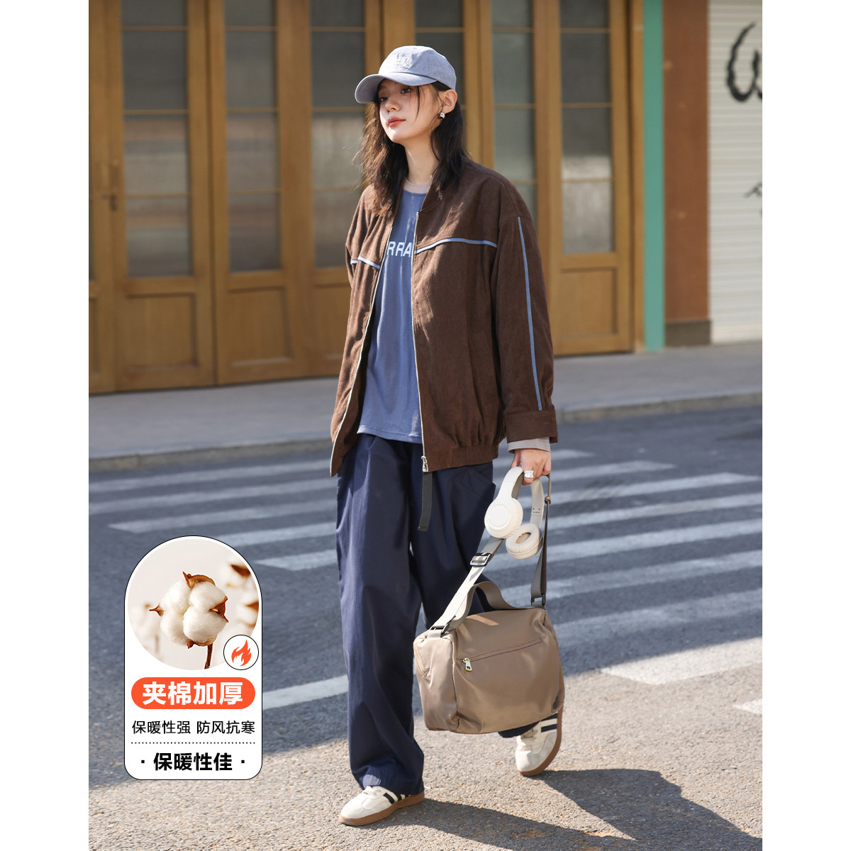 12805334.【海盐咖啡外套】冬款休闲撞色灯芯条夹棉保暖棒球服外套女