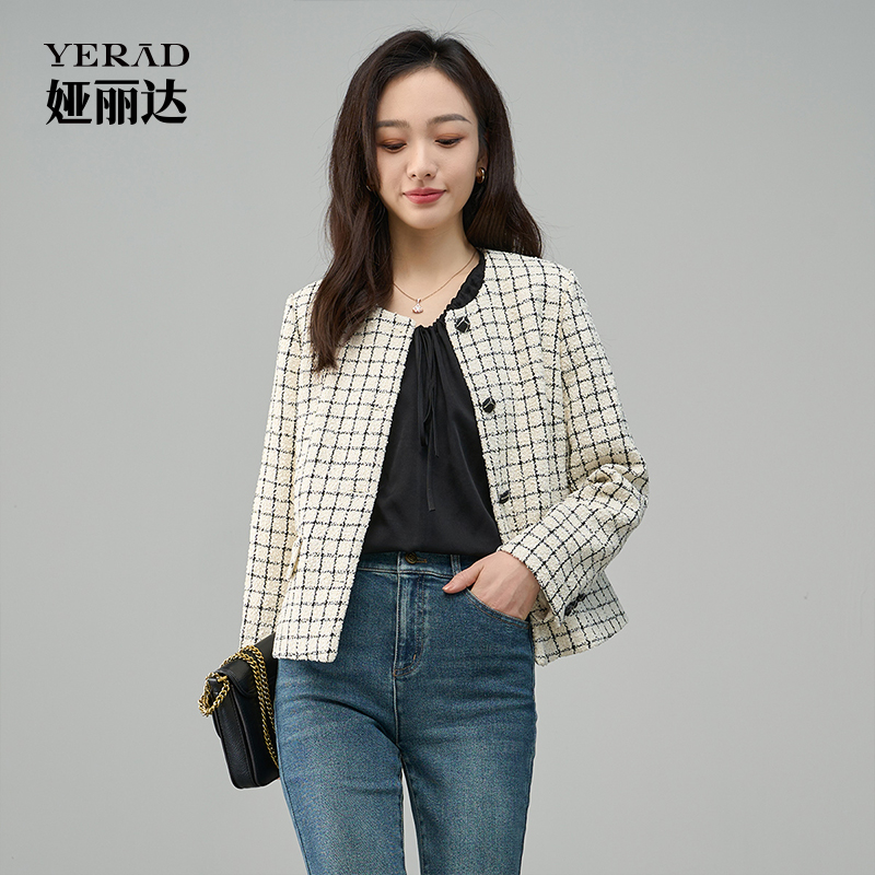 12786954.【娅丽达】小香风粗花呢外套女上衣设计感圆领格子短款外套女
