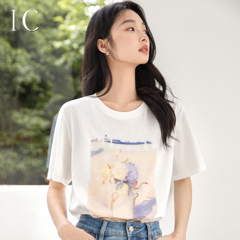 12787426.原创设计艺术油画印花短袖T恤女2025新款夏季气质休闲宽松上衣
