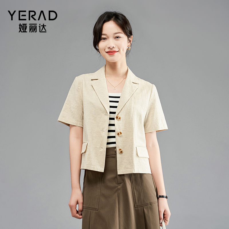 12786973.【娅丽达】宽松款亚麻西装外套女休闲小个子短袖西服女