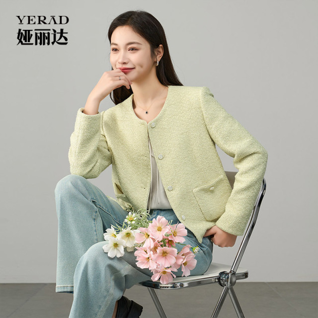 12787021.【娅丽达】高级感贵气绿色小香风外套女名媛休闲西装短款上衣
