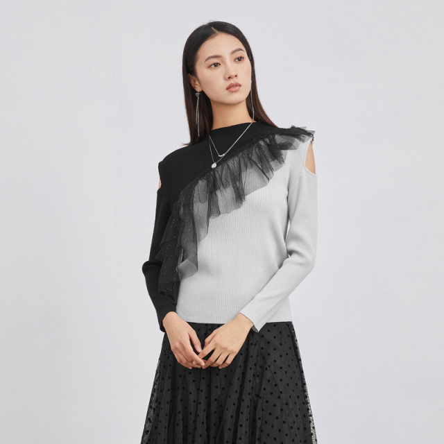 12807285.sdeer圣迪奥女装罗纹圆领撞色网纱露肩针织衫S223Z3563