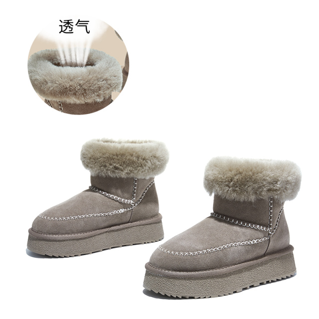 12806610.墨斯本真羊毛真皮雪地靴女新款加绒保暖棉靴复古短靴百搭潮流靴子女款12361