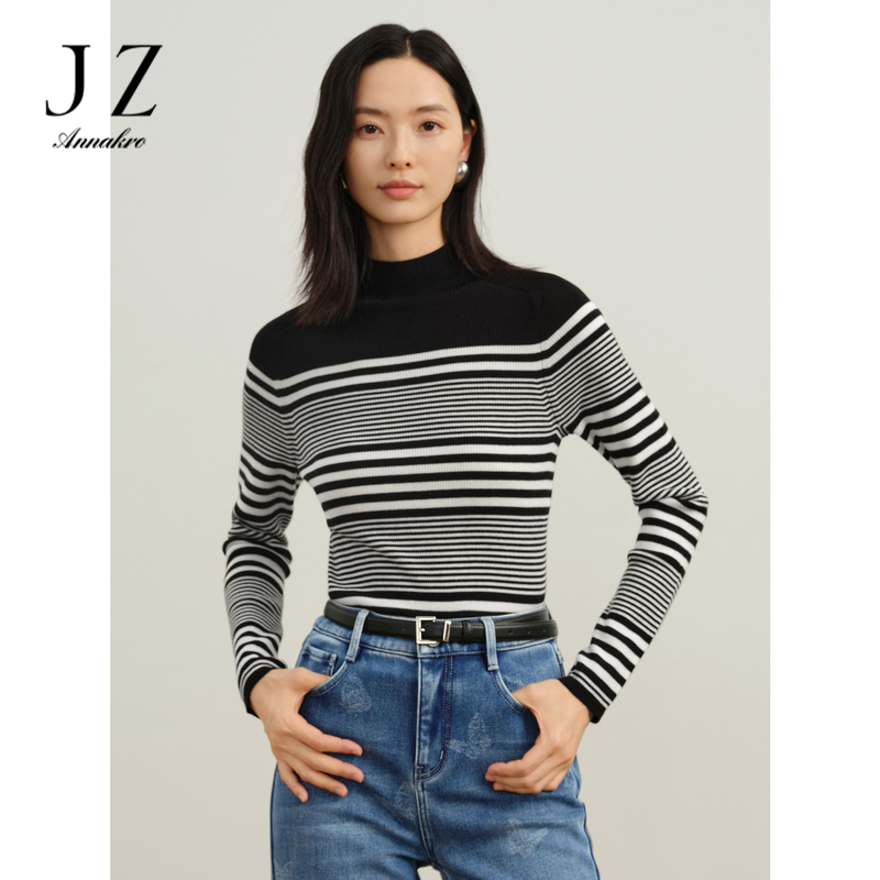 12810941.商场同款JZ玖姿经典条纹半高领上衣毛衫女冬季新款JWDD31004