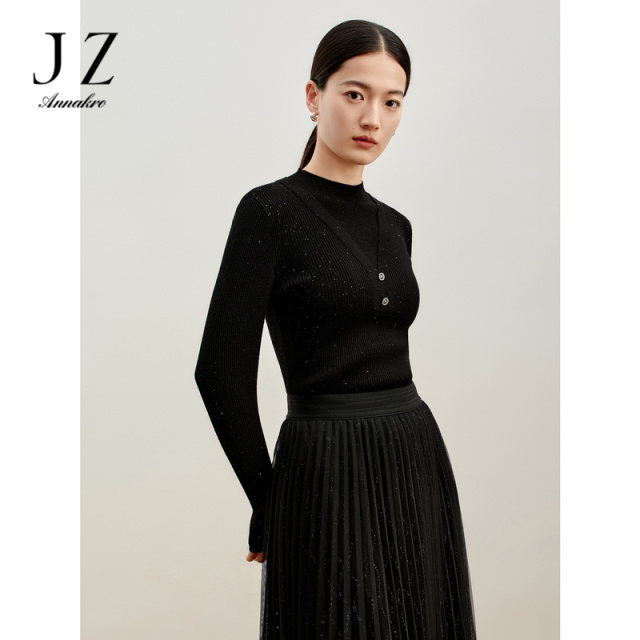 12810604.商场同款JZ玖姿羊毛珠片假两件针织毛衫女冬季新款JWDD31036