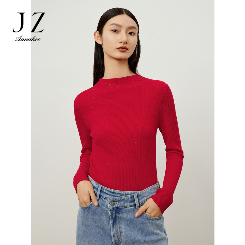 12810766.商场同款JZ玖姿烫钻纯羊毛打底衫毛衫女冬季新款JWDD31022