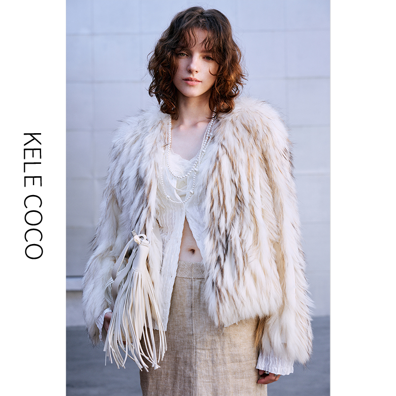 13732513.kele coco【礼盒发货】“白光月”貉子毛漂尖车条皮草外套