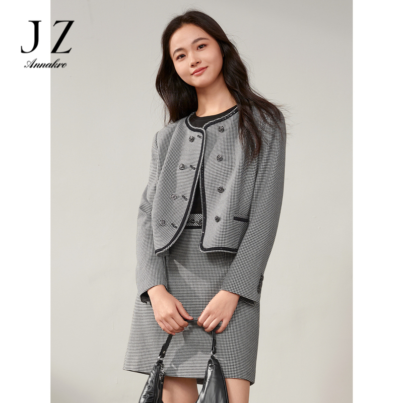 12814355.商场同款JZ玖姿摩登复古千鸟格纹休闲外套女秋新款JWDQ40511