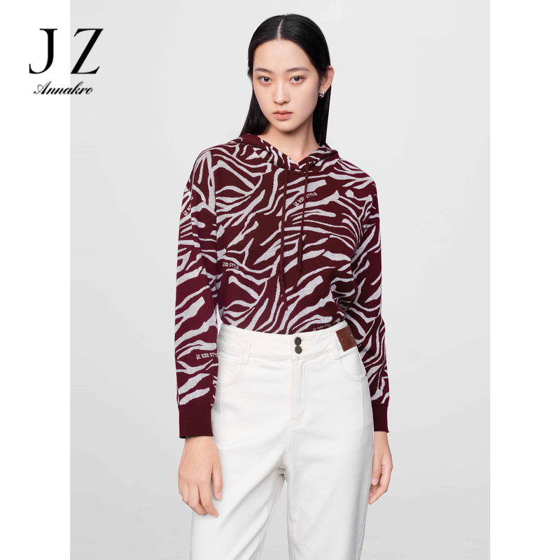 12810693.商场同款JZ玖姿宝藏斑马纹连帽宽松毛衫女冬季新款JWDD31030