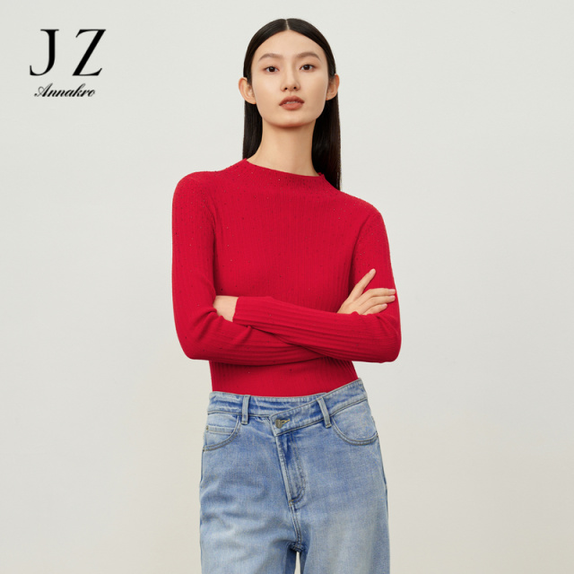 12810766.商场同款JZ玖姿烫钻纯羊毛打底衫毛衫女冬季新款JWDD31022