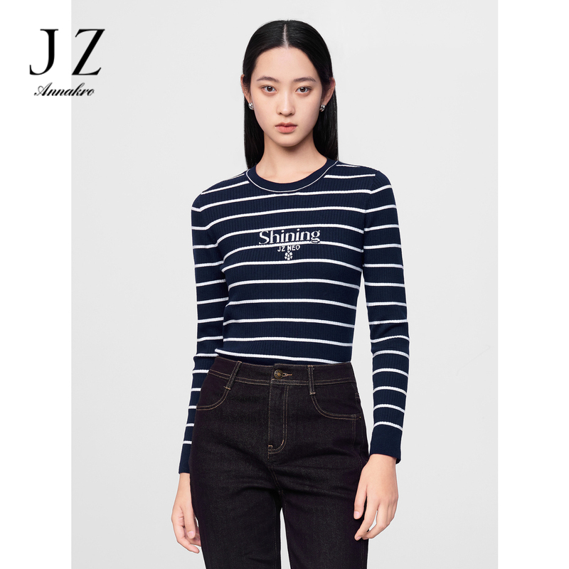 12810787.商场同款JZ玖姿休闲字母经典条纹毛衫女冬季新款JWDD31039