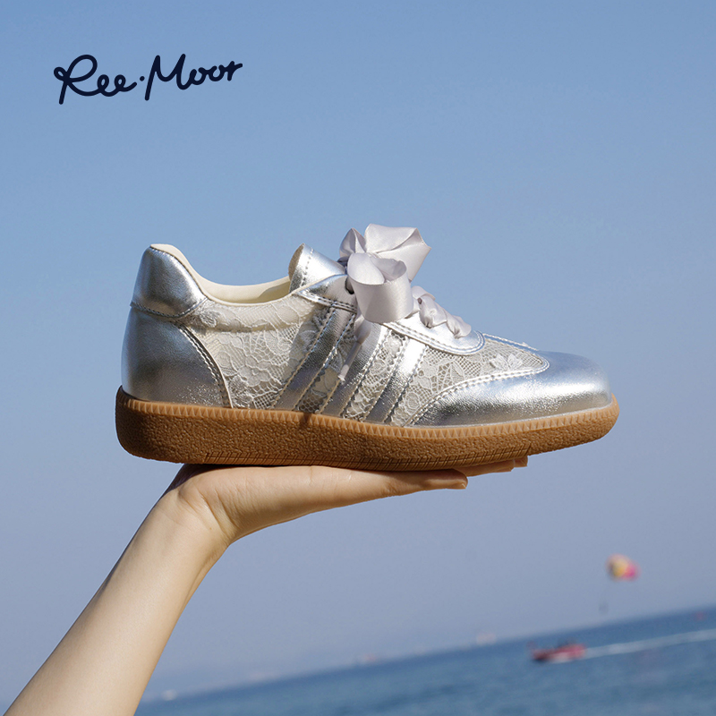 12809662.REEMOOR2025秋季新款蕾丝德训鞋女休闲运动鞋百搭复古系带平底鞋