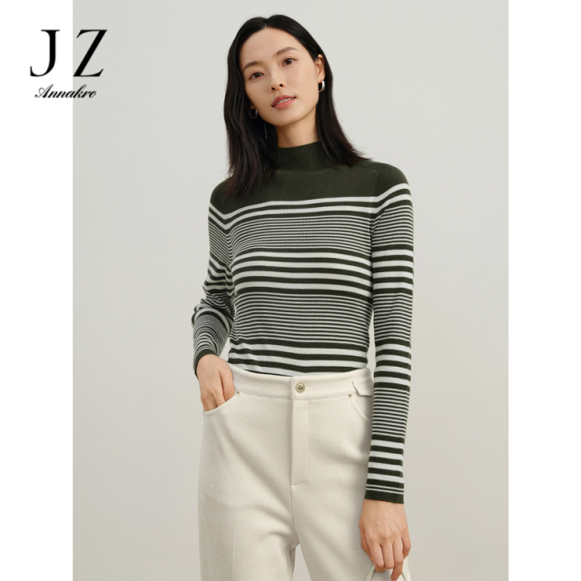 12810941.商场同款JZ玖姿经典条纹半高领上衣毛衫女冬季新款JWDD31004
