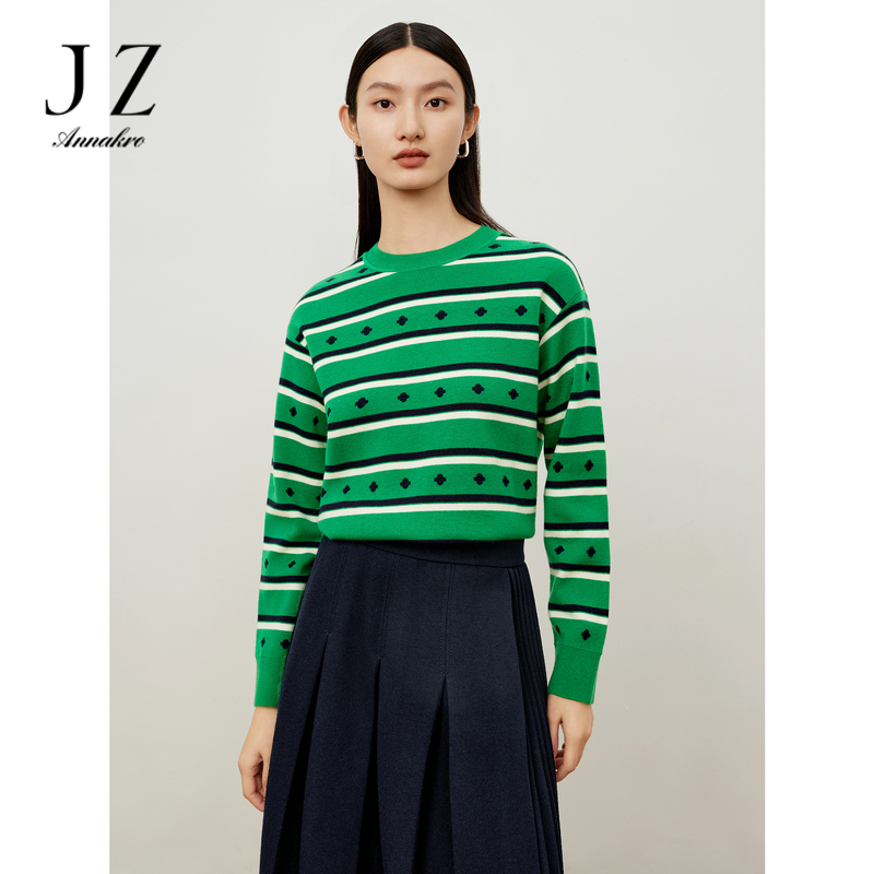 12810672.商场同款JZ玖姿宽松四叶草短款条纹毛衫女冬季新款JWDD31035