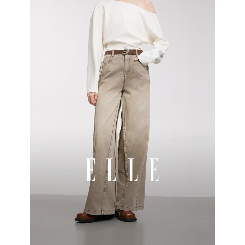 12810049.【商场同款】ELLE米咖色高腰显瘦牛仔裤女垂坠感裤子