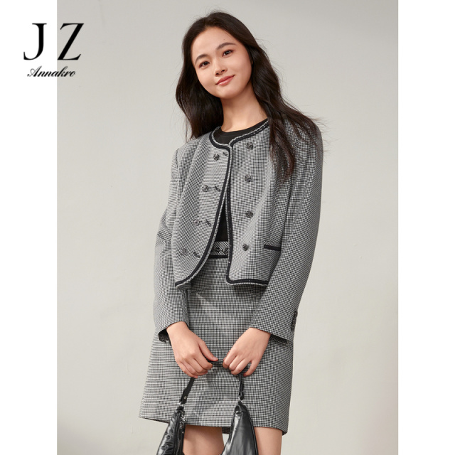 12814355.商场同款JZ玖姿摩登复古千鸟格纹休闲外套女秋新款JWDQ40511