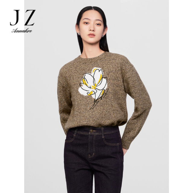 12810851.商场同款JZ玖姿美拉德厚实花卉落肩毛衫女冬季新款JWDD31017